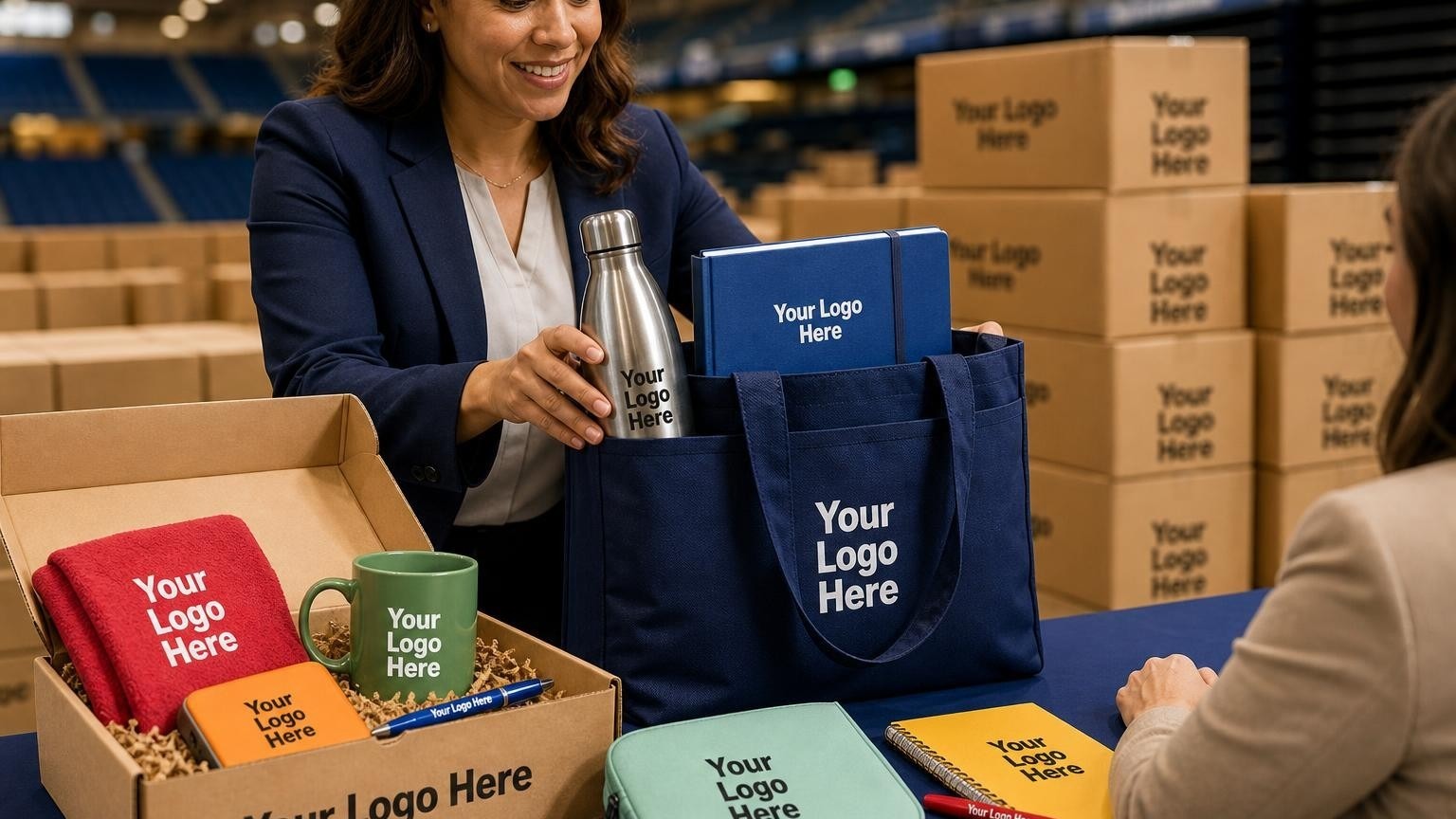 A custom navy blue welcome tote bag being prepared on an orientation check-in table inside a university arena.
