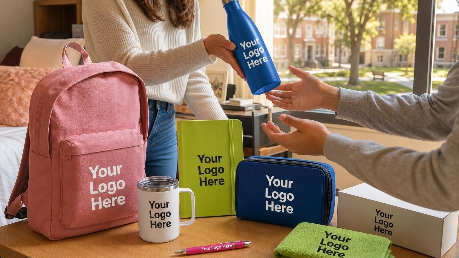 A durable canvas welcome backpack with a subtle debossed crest resting on a wooden dorm desk next to textbooks and a welcome folder, with a sunny campus courtyard visible through the window.