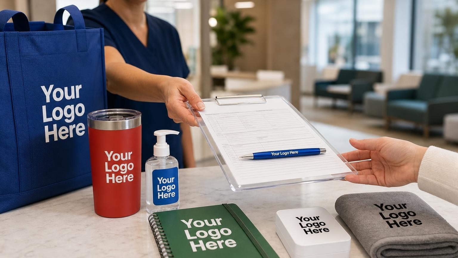 A custom pen and hand sanitizer bottle on a clinical reception desk, representing patient care and hygiene in a urology clinic.