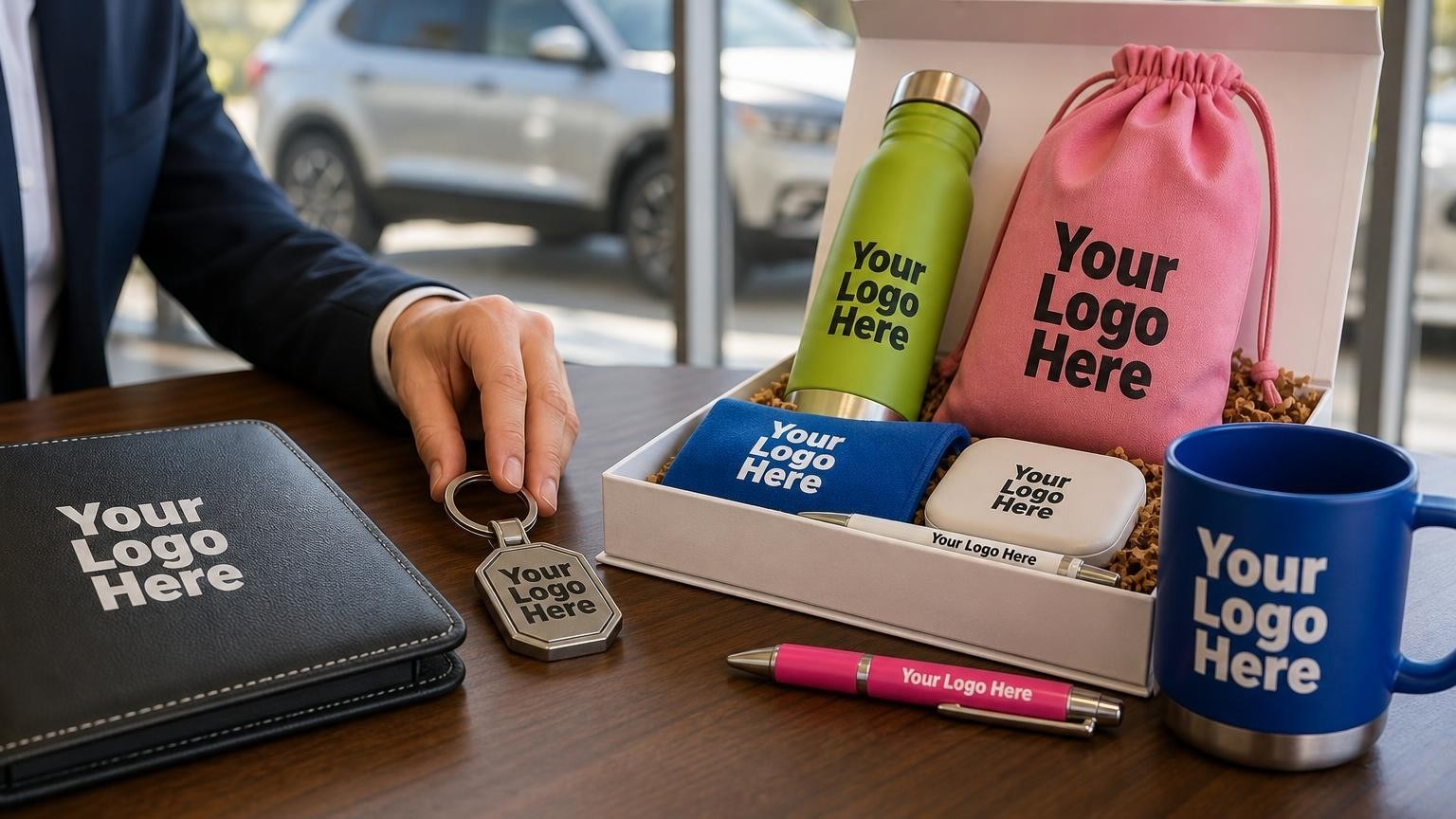 A premium zinc alloy keychain and leather document folder on a dealership desk, with a pre-owned vehicle visible in the background.
