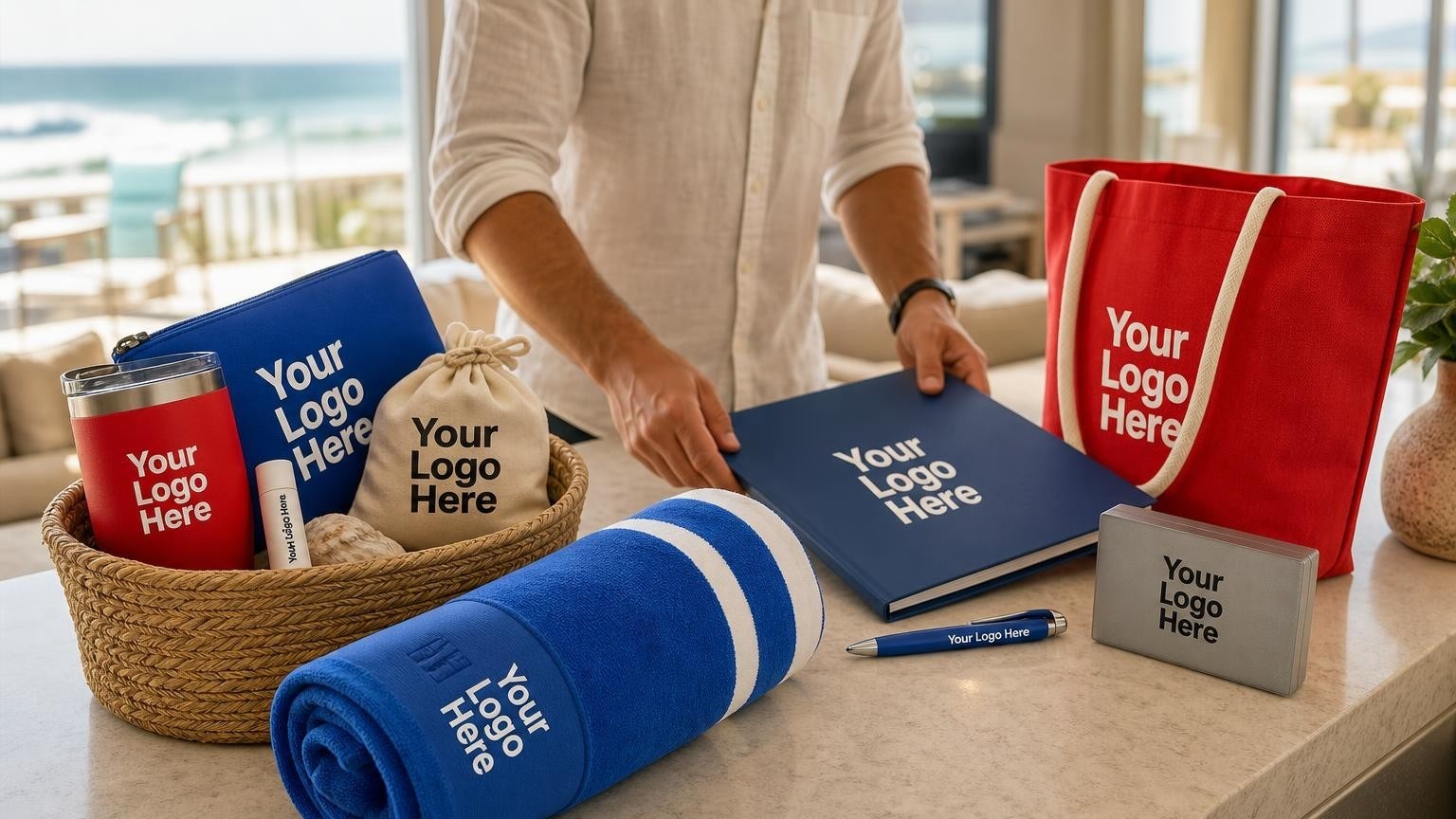 A custom beach towel and welcome amenities arranged on a kitchen island in a coastal vacation rental property.
