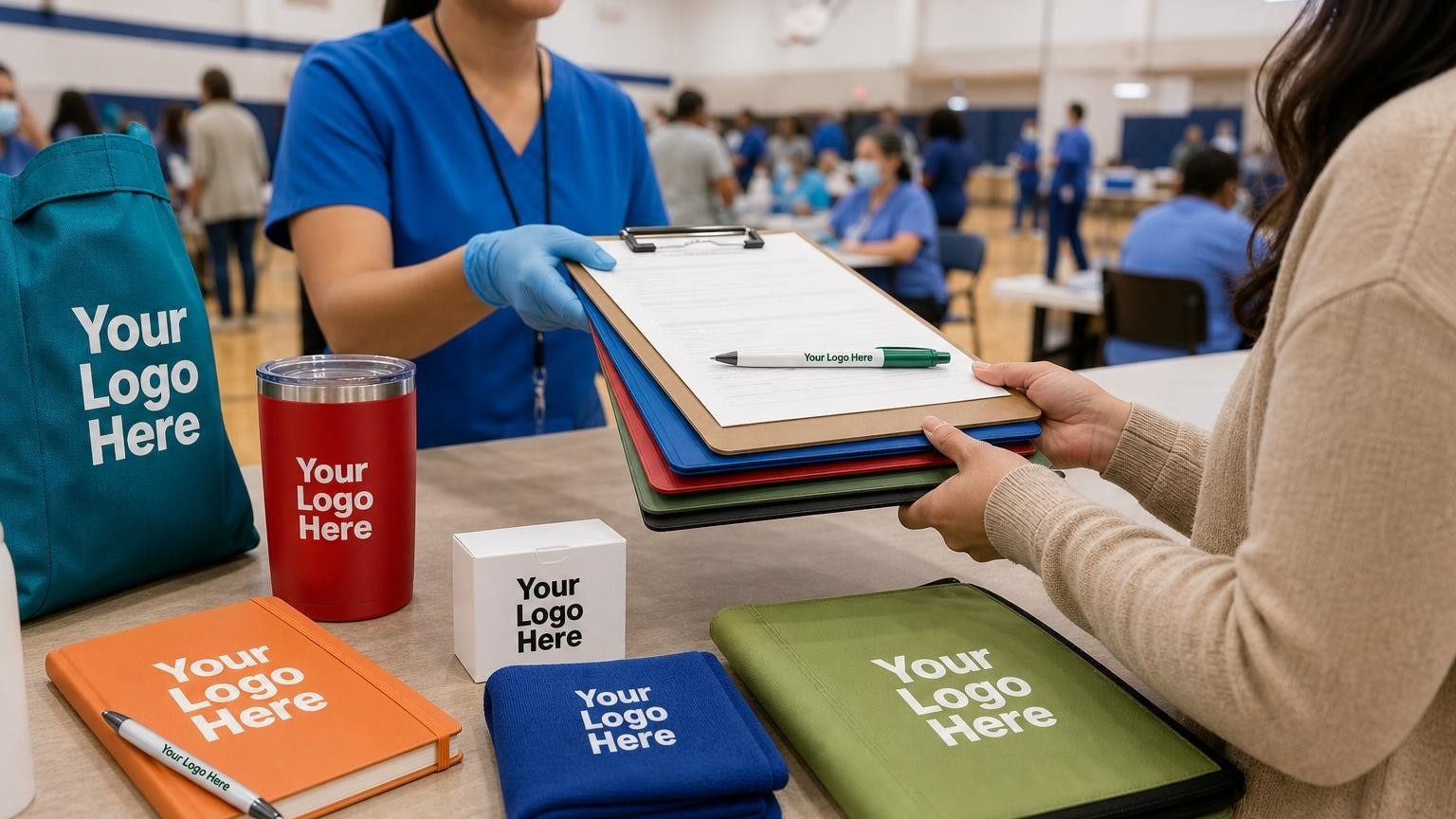 A custom antimicrobial pen resting on a clipboard at a busy community vaccination clinic registration desk.
