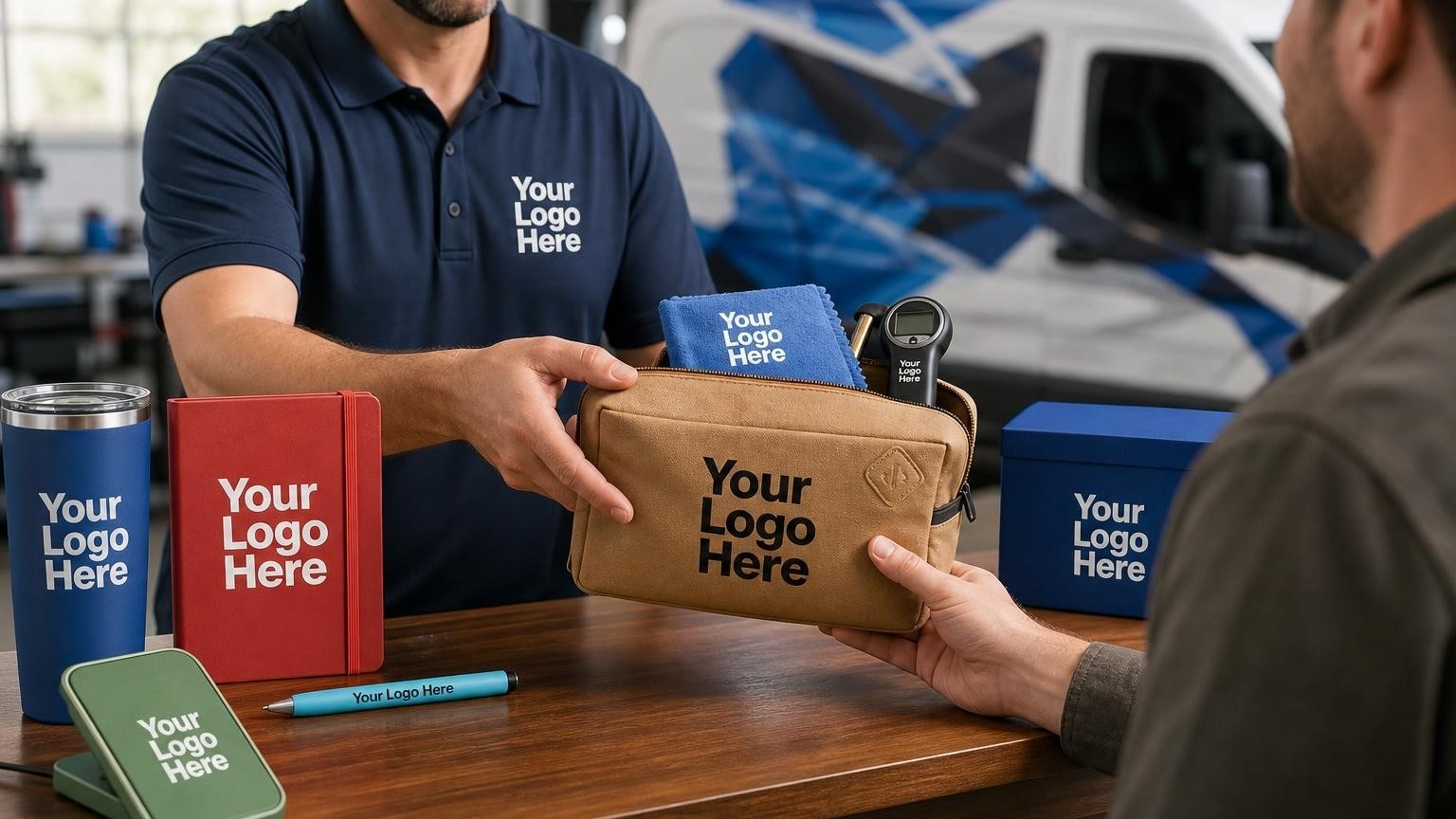 A custom post-wrap care kit containing a microfiber cloth and tire pressure gauge being handed over at a vehicle graphics shop counter.
