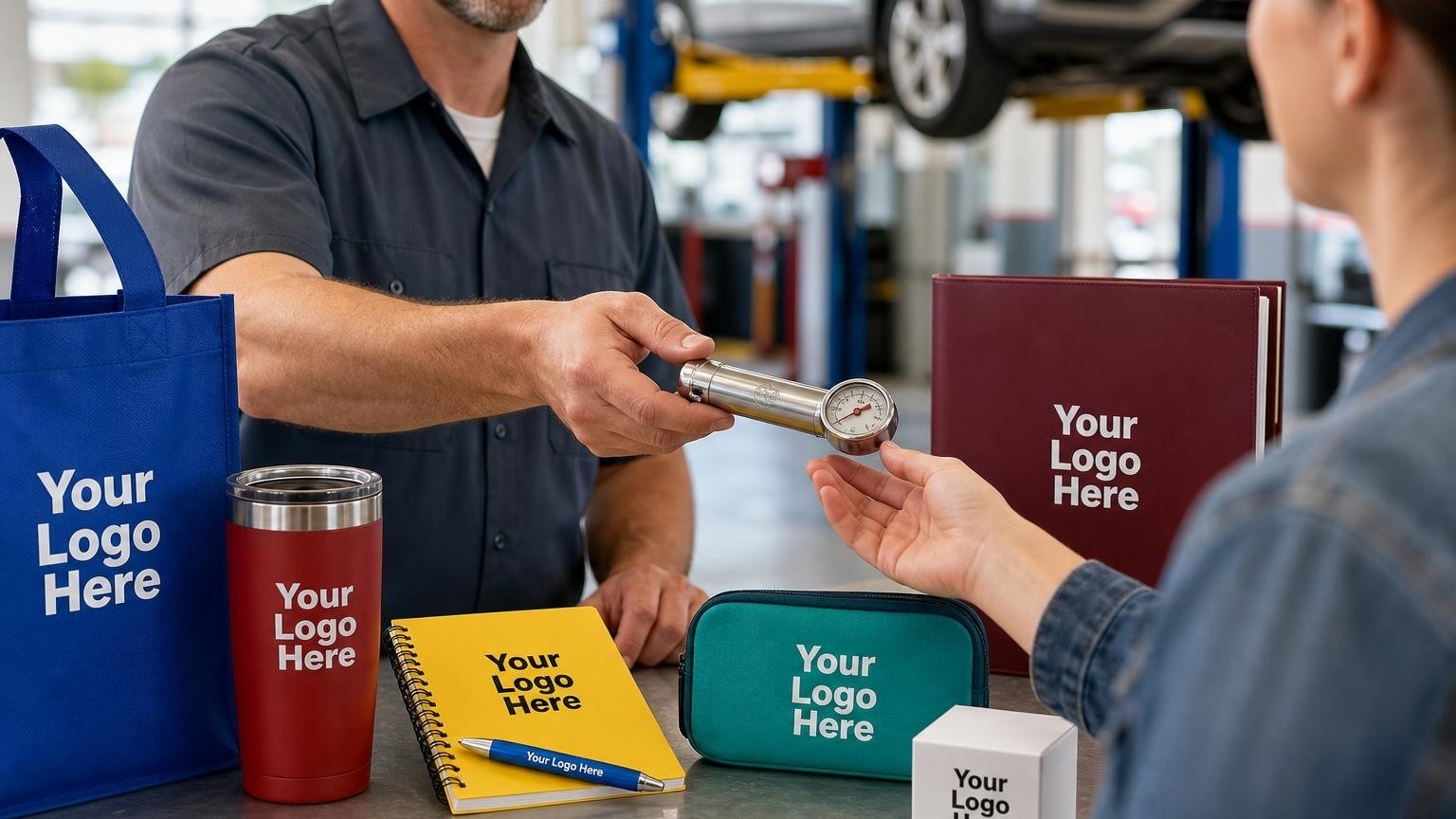 A custom tire pressure gauge being handed to a driver by an inspection station technician in a professional service bay.
