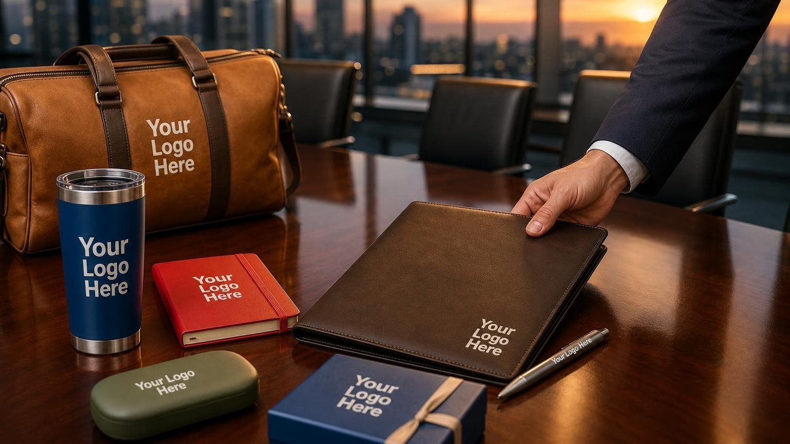 A debossed leather padfolio and a sleek metal pen on a polished boardroom table in a high-rise venture capital office at sunset.