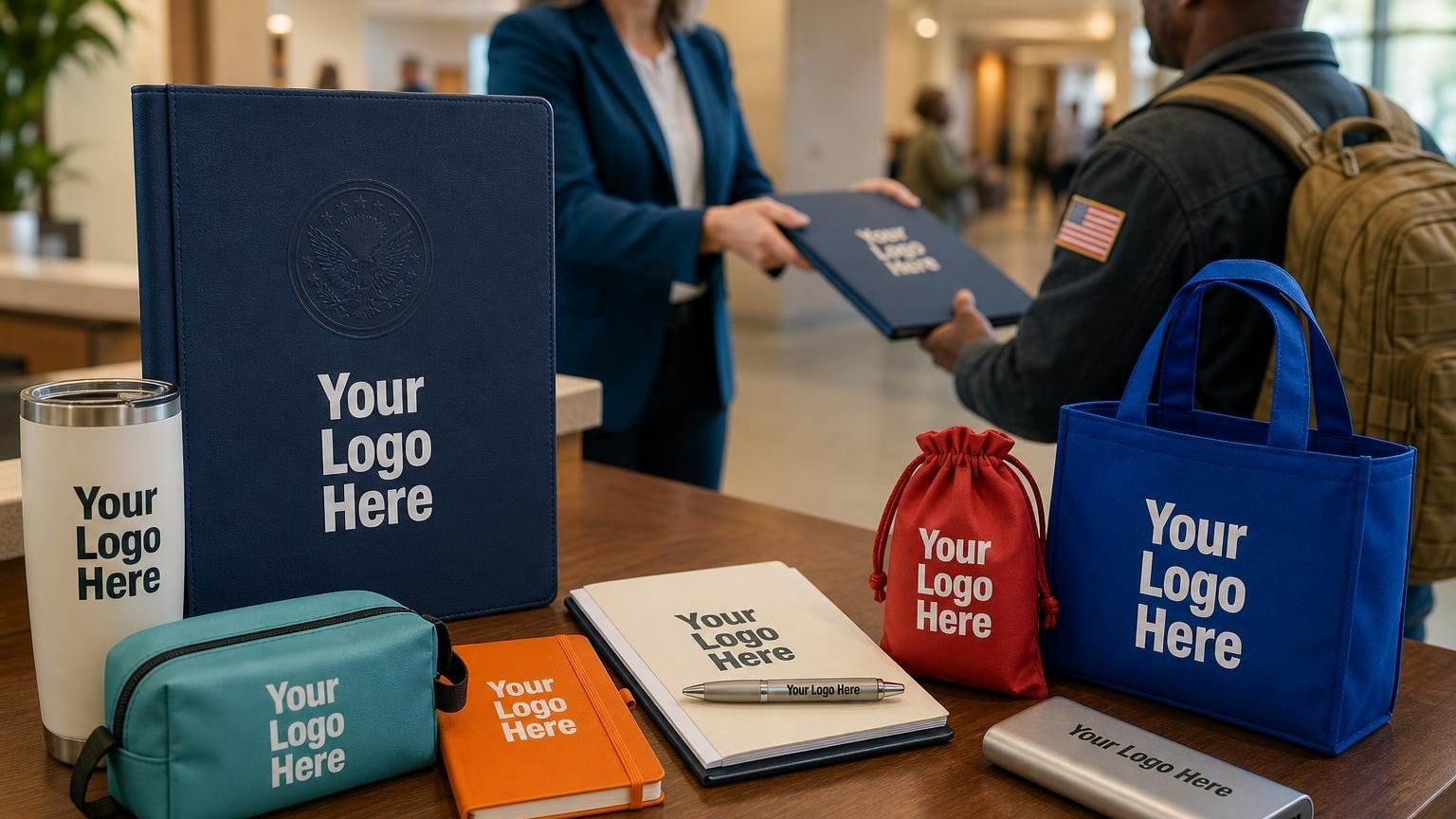 A structured navy blue document folder with a subtle patriotic emblem sits on a clinic reception desk next to a metal pen, with a blurred background of a clinic lobby.