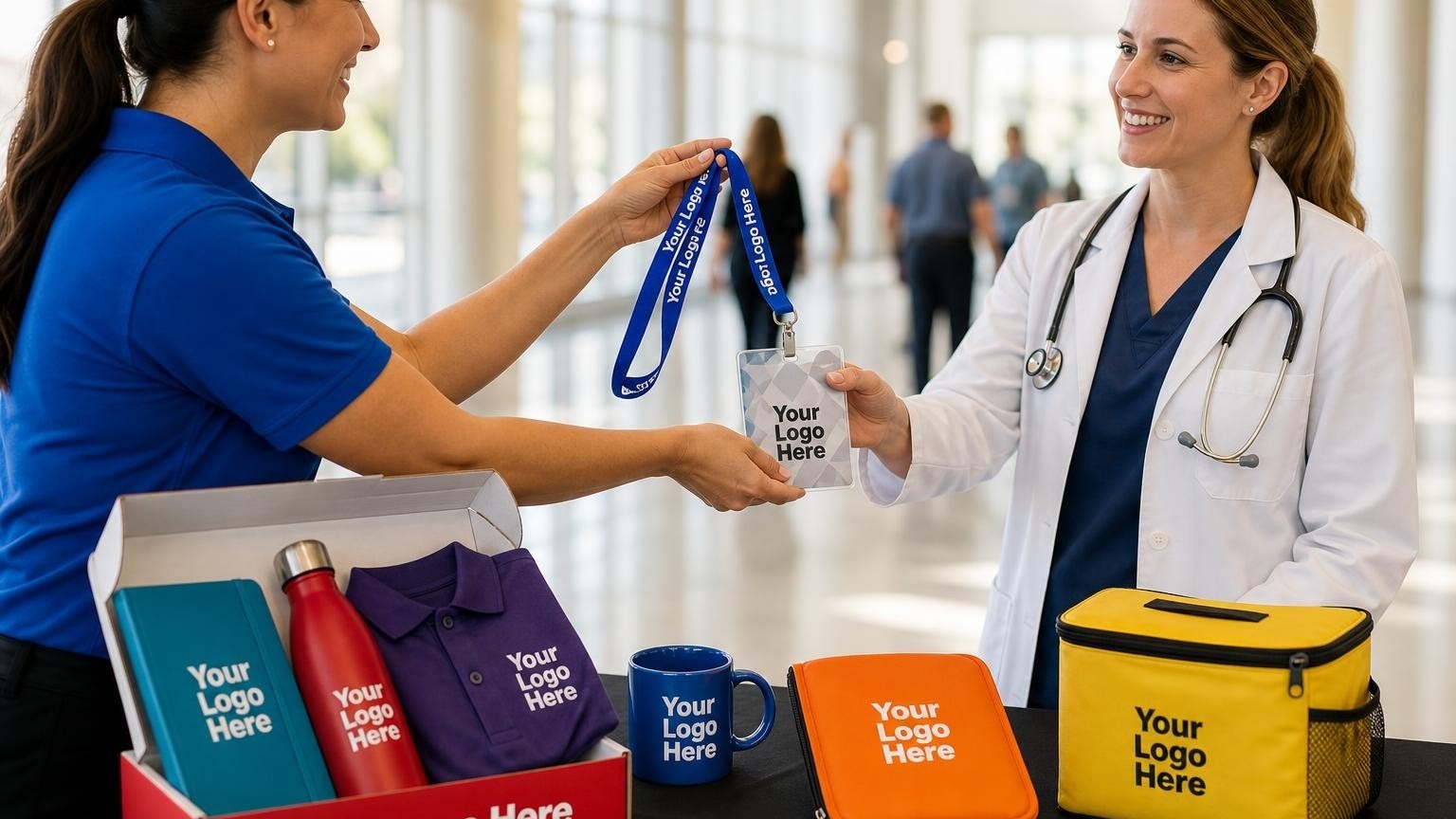 An association staff member hands a high-quality co-branded lanyard and badge holder to a veterinarian at a conference registration desk.