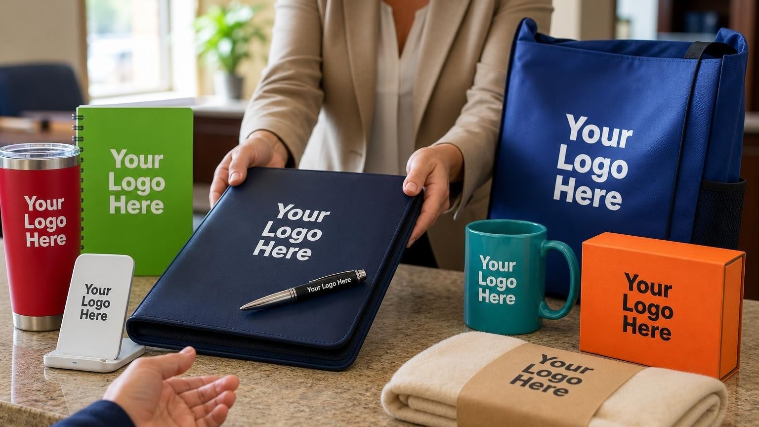A professional navy portfolio and metal pen on a light oak desk in a bright office, representing strategic tools for vocational rehabilitation programs.