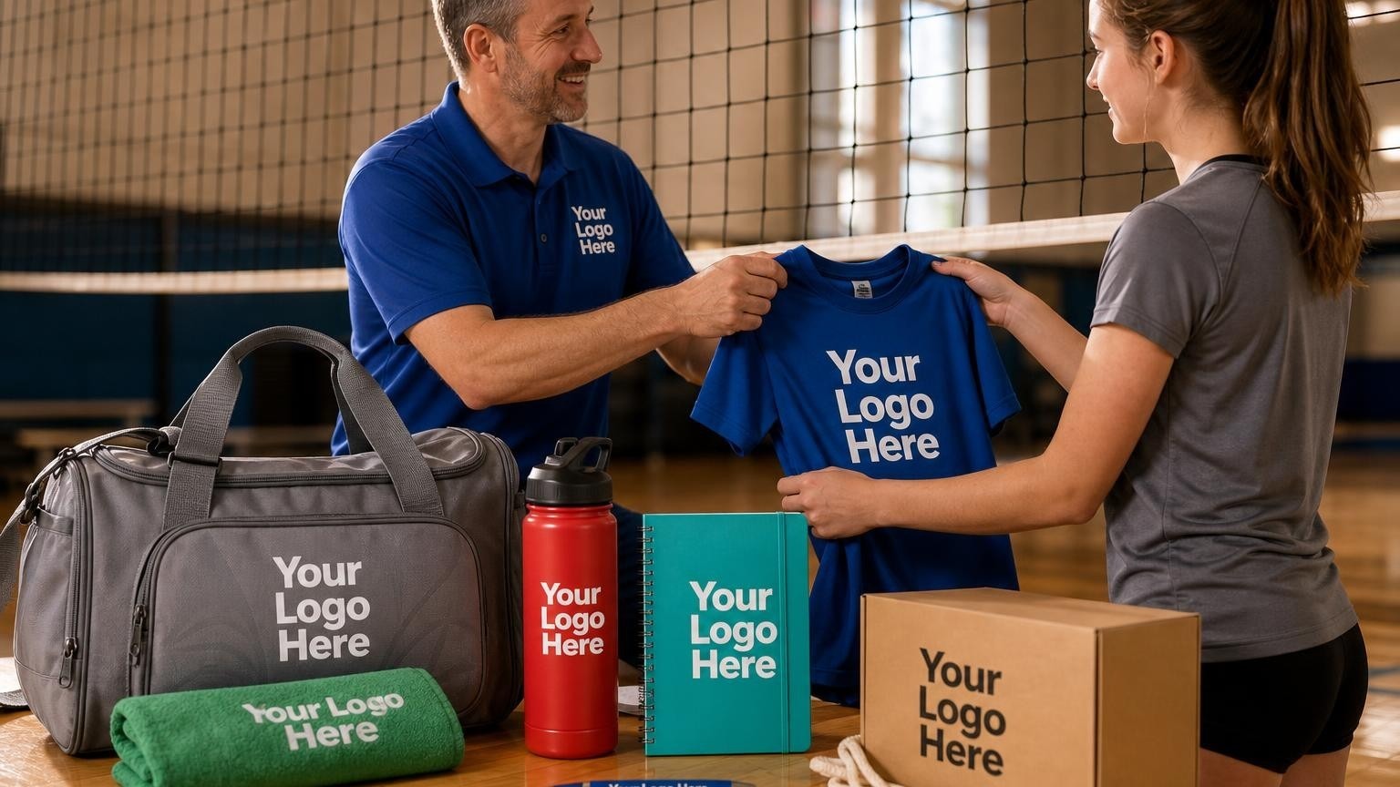 A custom athletic duffel bag and warm-up shirt being handed to a player on a volleyball court.