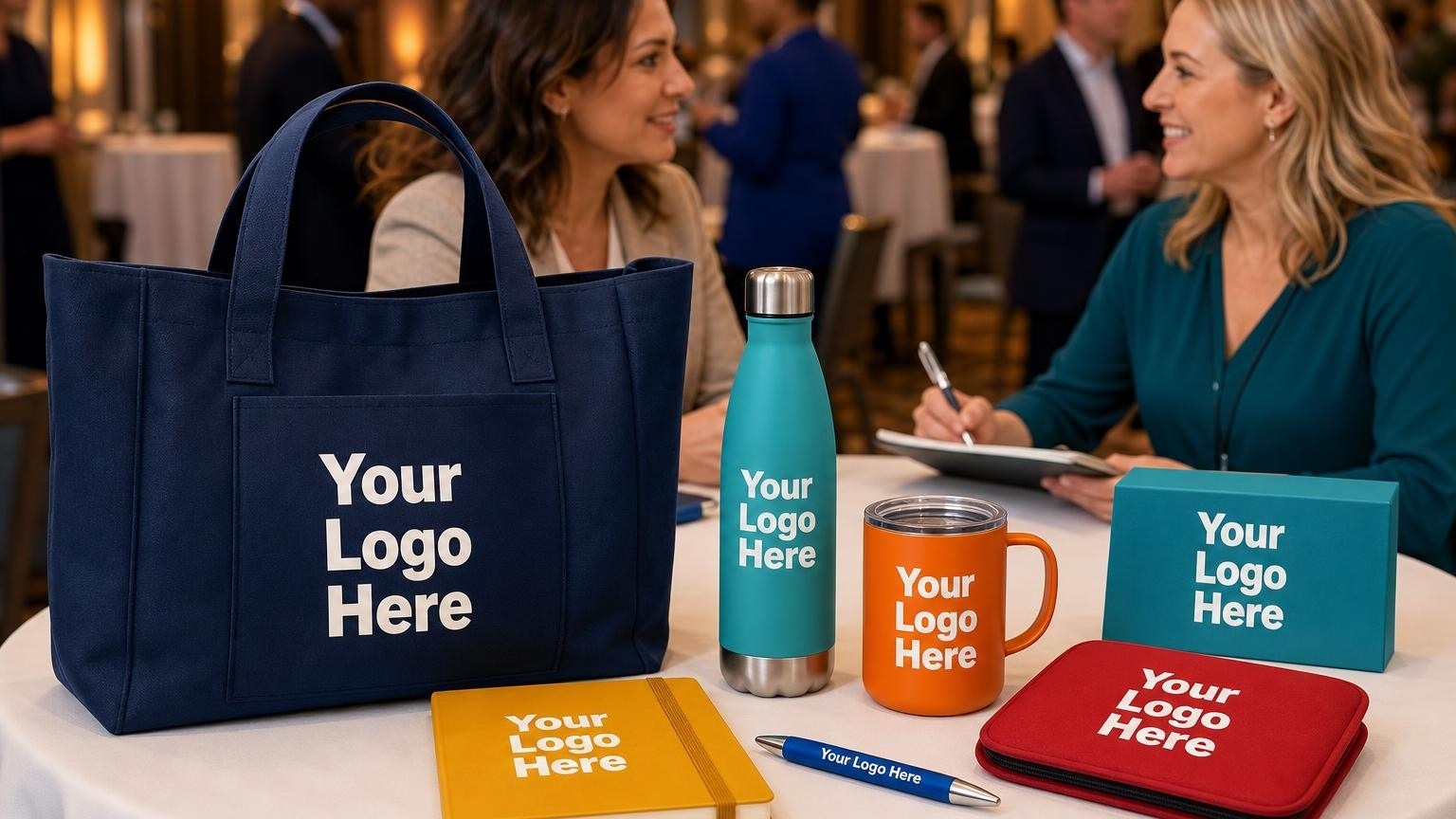 A custom navy canvas tote bag placed on a banquet table before a volunteer appreciation gala.