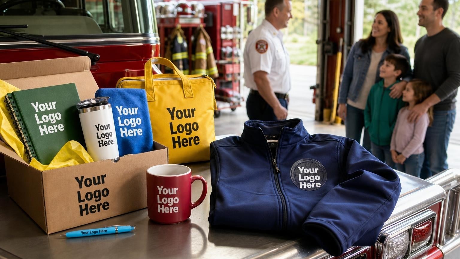 A custom embroidered firefighter jacket resting on a red fire engine inside a station bay during an open house event.