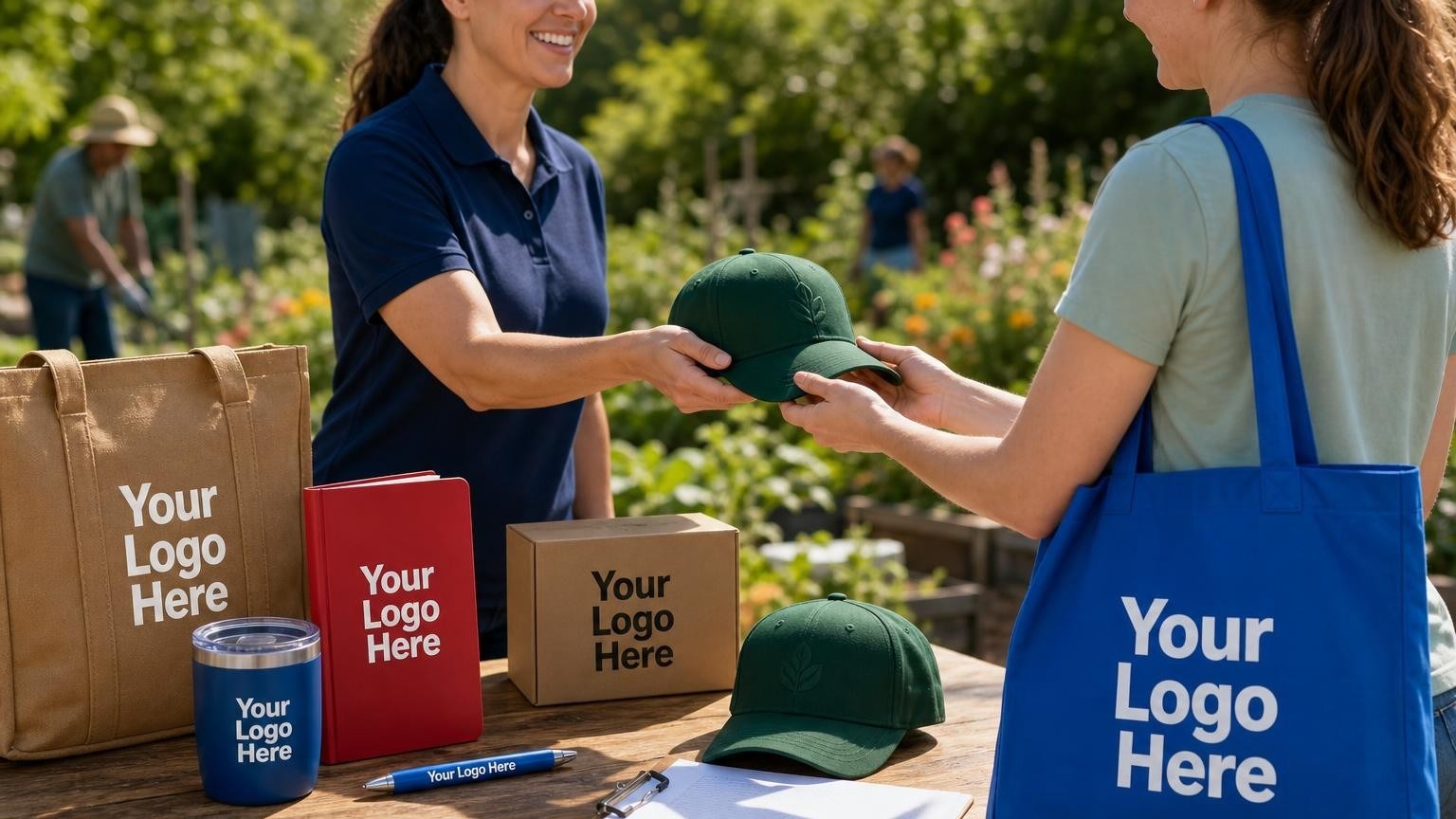 A custom forest green volunteer cap resting on a registration table in a community garden setting.