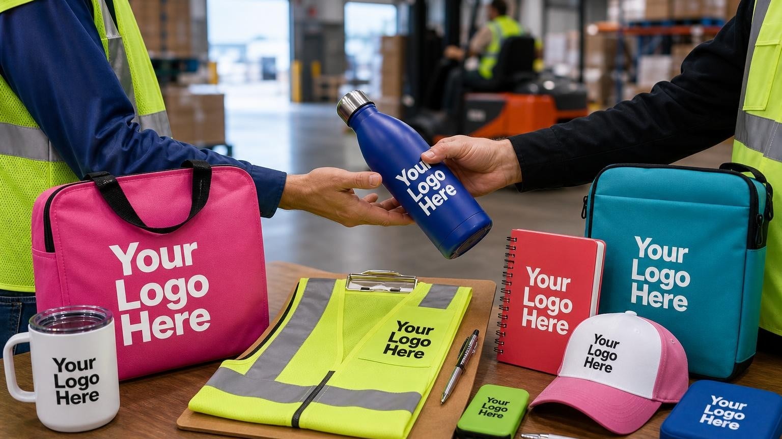 A high-visibility reflective safety vest and clipboard on a loading dock, representing warehouse delivery fleet operations.