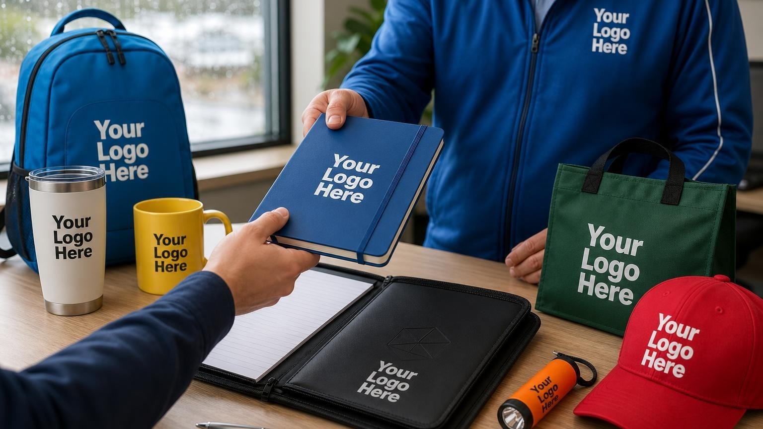 A high-quality open padfolio on an insurance adjuster's desk with a hand writing on a notepad, representing professional restoration referral marketing.