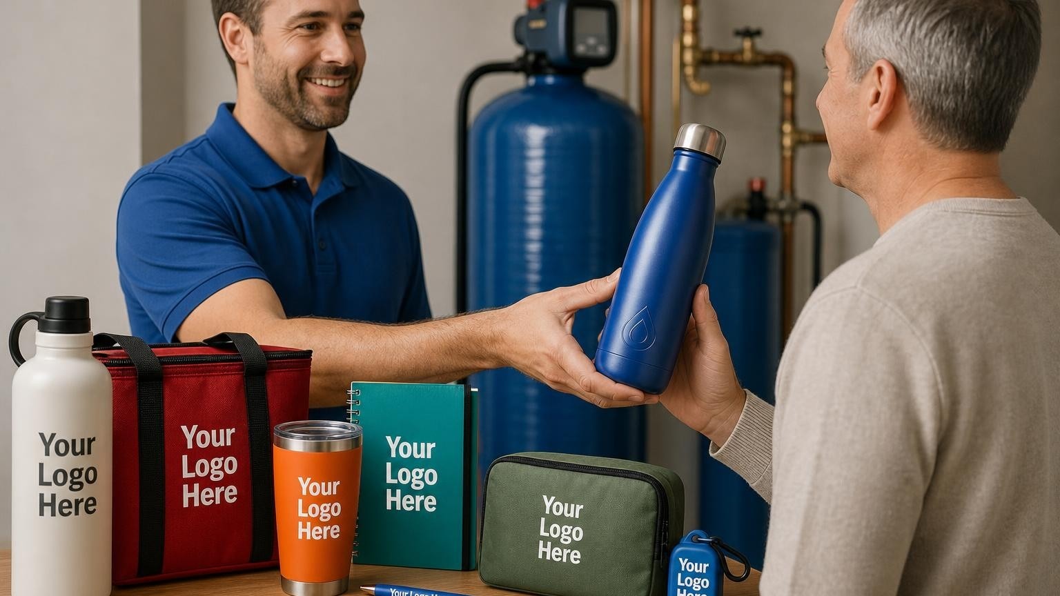 A service technician hands a high-grade custom insulated water bottle to a homeowner in a residential utility room next to a newly installed water softener.