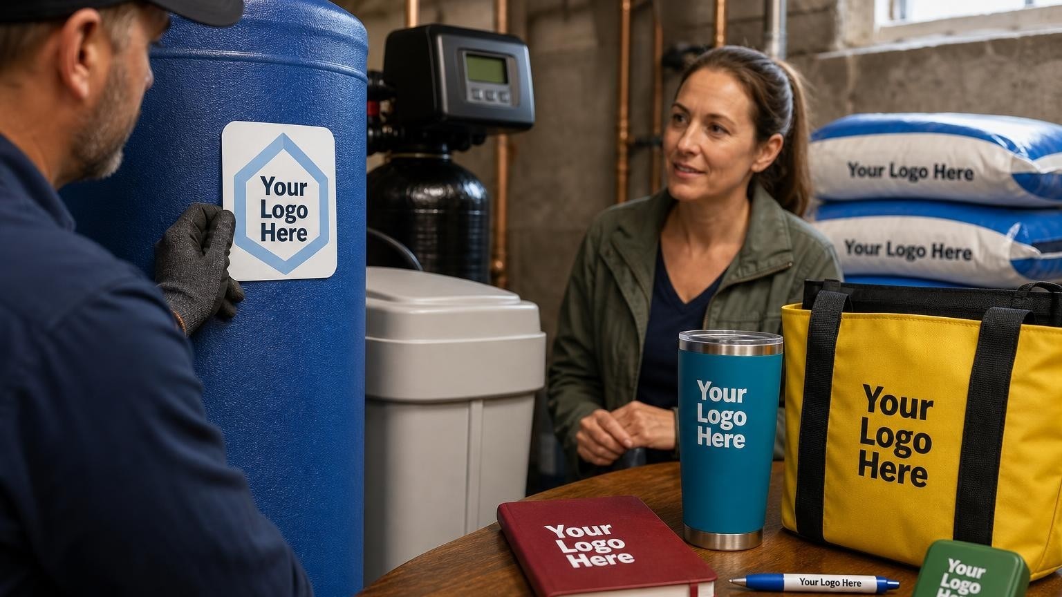 A heavy-duty custom magnet placed on a water softener brine tank in a basement utility room.