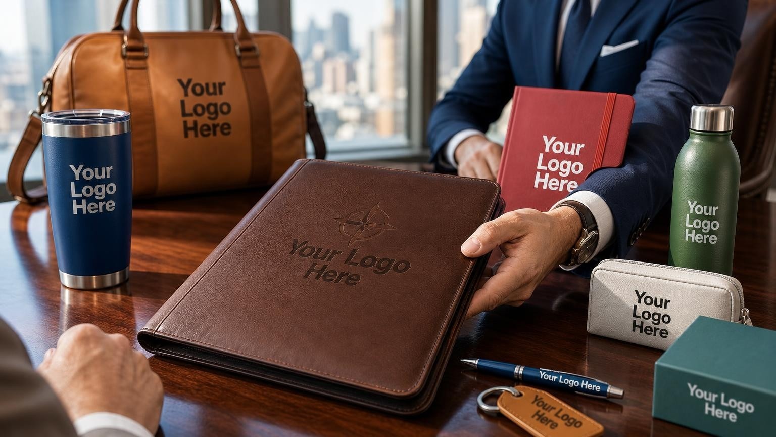 A custom debossed leather portfolio being presented on a polished mahogany table in a wealth management office.