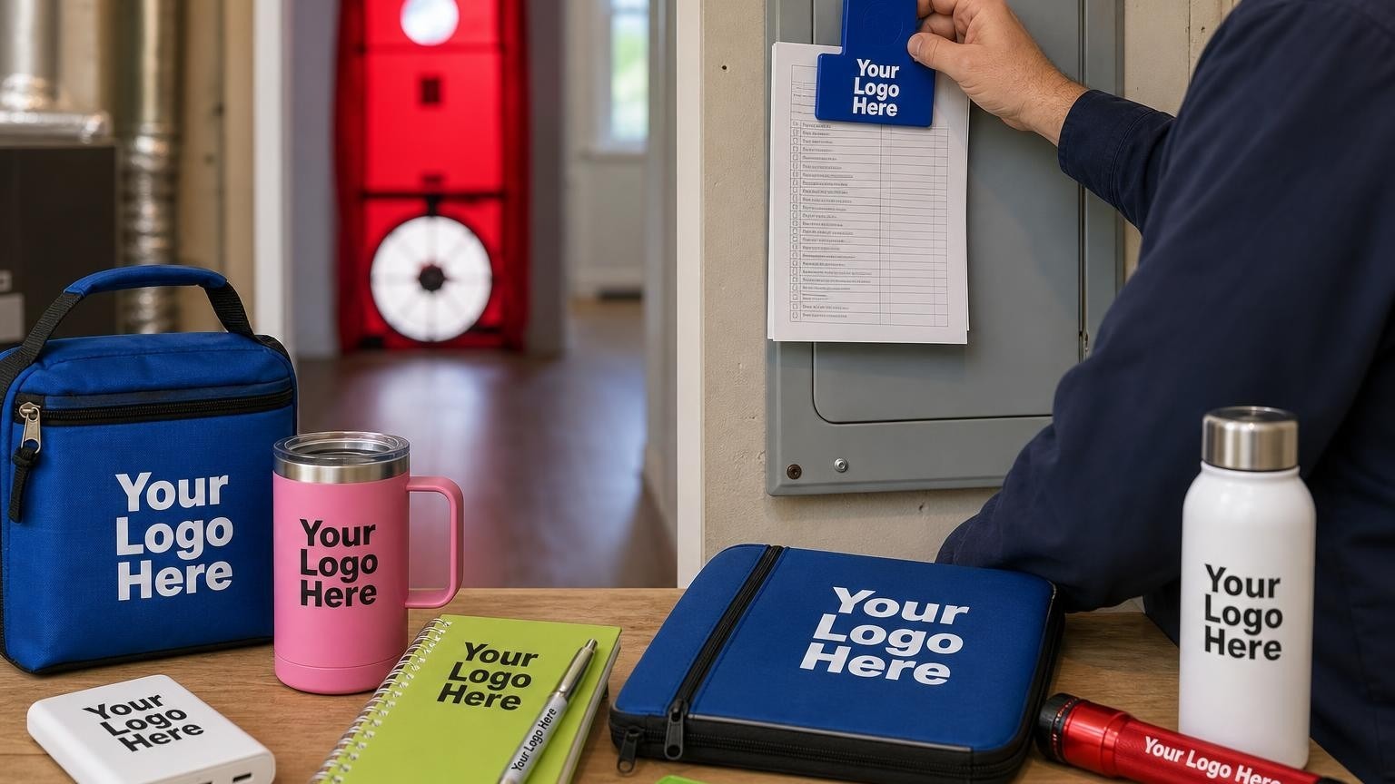 A custom magnetic document clip holding a home energy checklist being placed on a metal electrical panel by a weatherization technician.