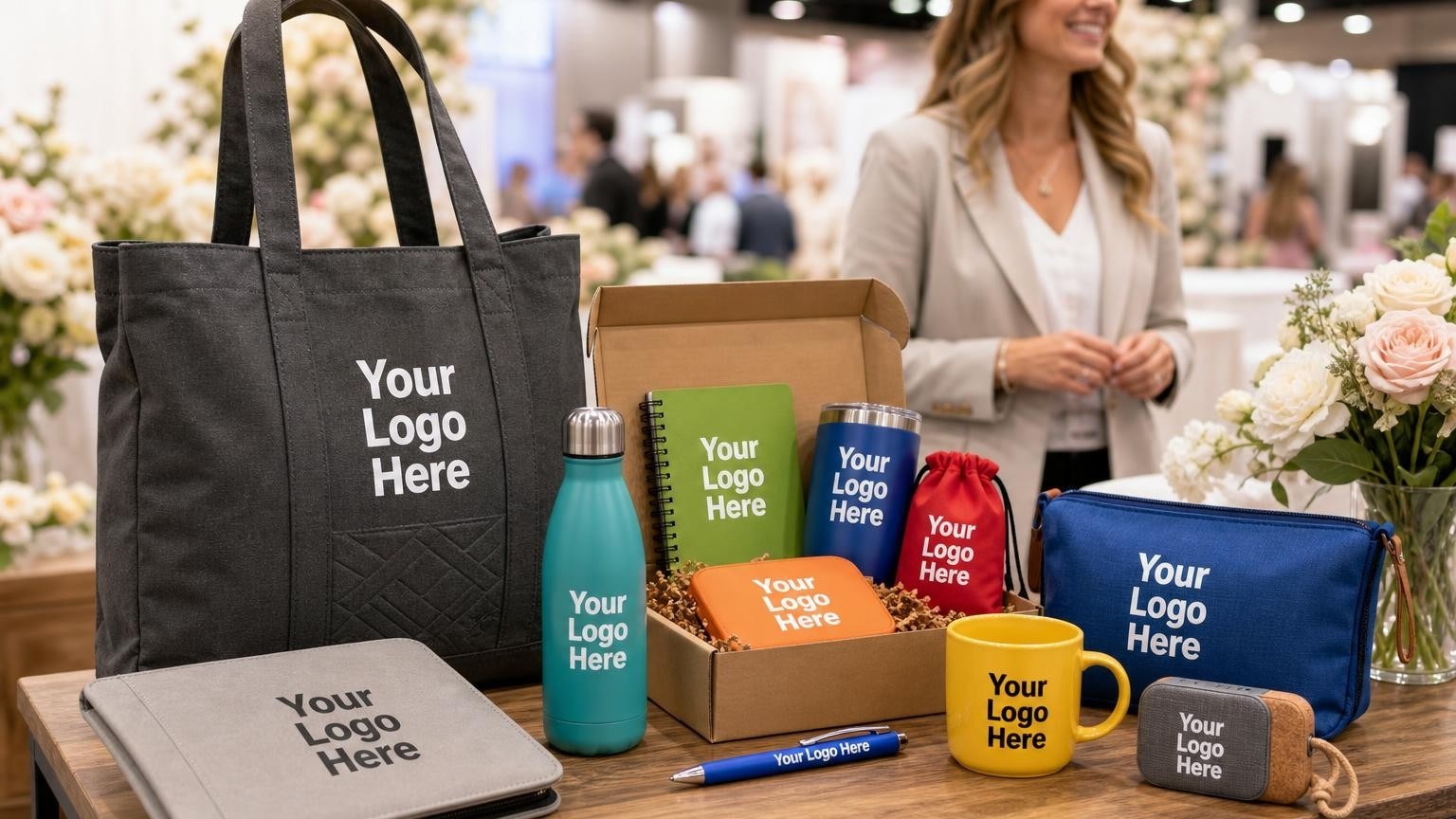 A custom charcoal grey canvas tote bag displayed on a wedding vendor's booth table at a bridal expo.