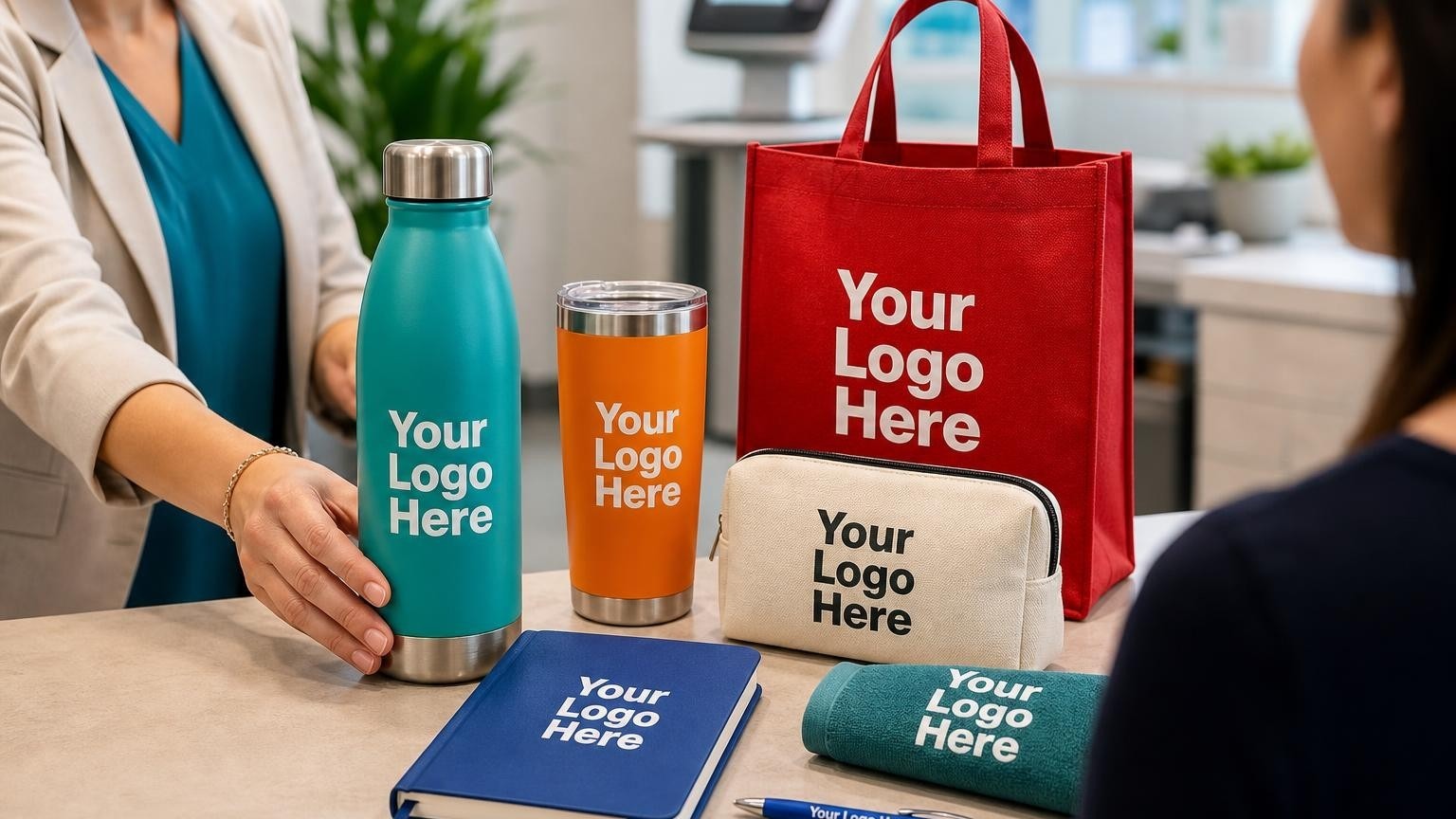 A high-quality custom sports water bottle and progress journal on a clinic desk with a blurred scale in the background.
