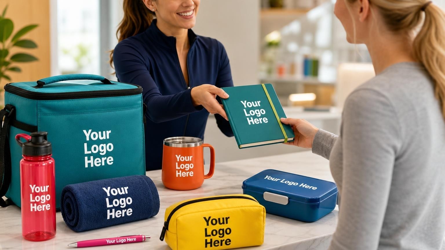 A high-quality insulated meal prep cooler bag and structured food tracking journal being handed to a client at a weight loss clinic reception desk.