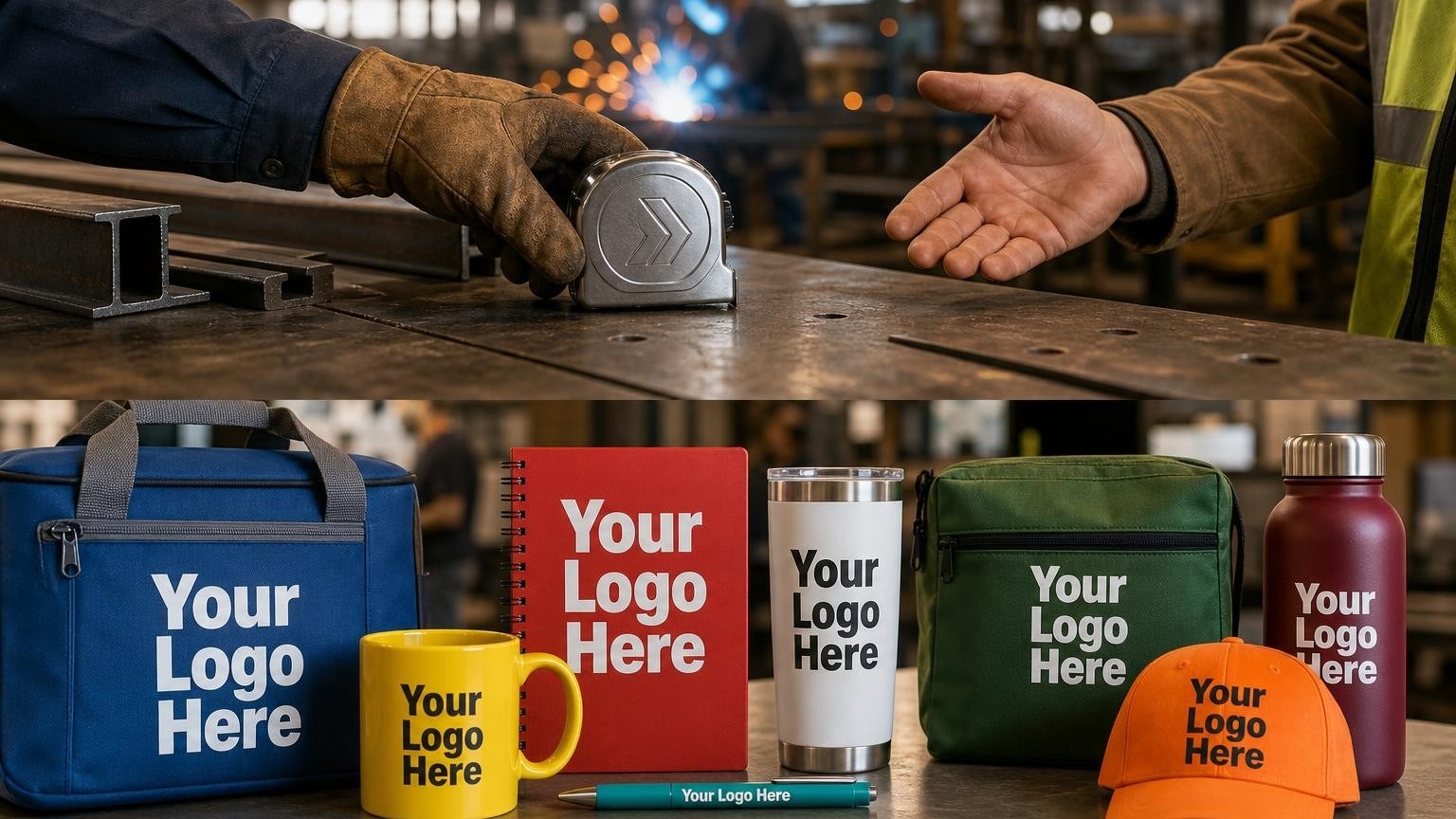 A custom-branded heavy-duty tape measure being handed over on a professional metal fabrication shop floor.