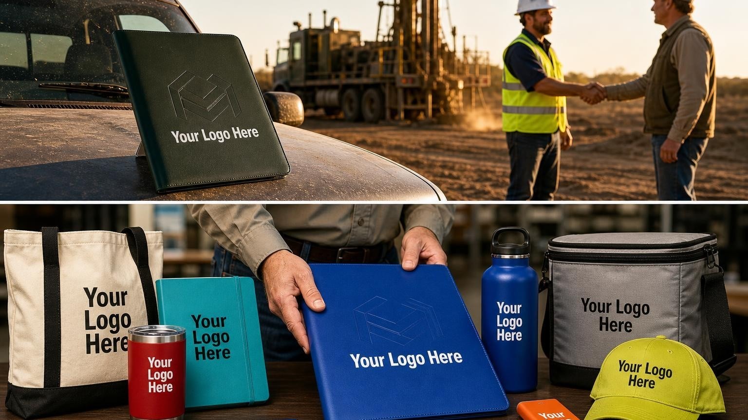 A heavy-duty presentation folder rests on a dusty pickup truck hood at an active rural well drilling site with a drilling rig operating in the background.