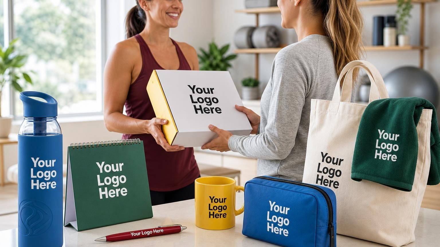 A custom sports water bottle and magnetic habit calendar on a kitchen counter, representing a wellness coach's welcome kit.
