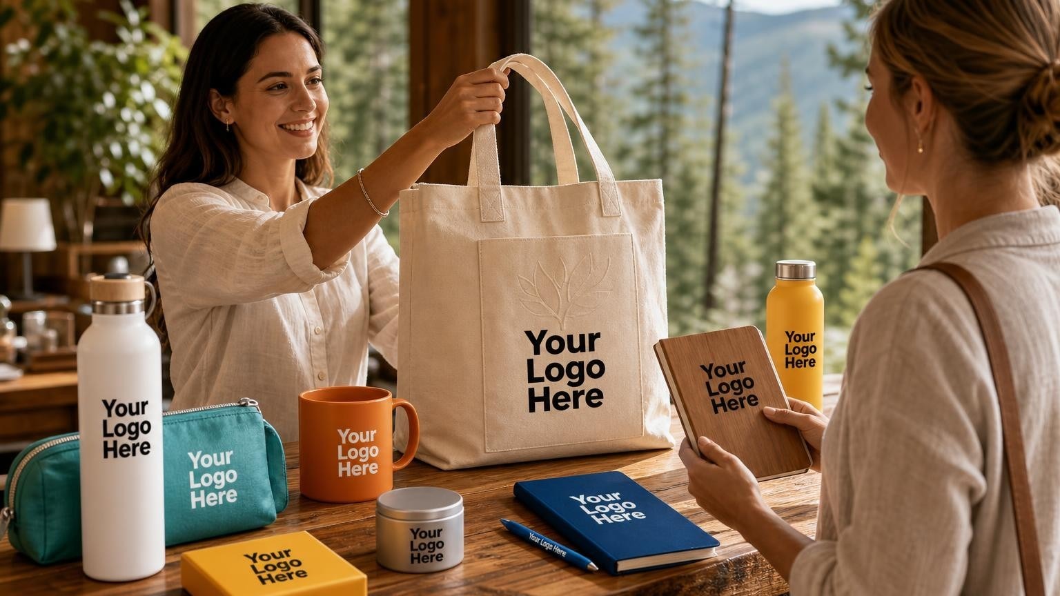 A custom heavyweight cotton canvas welcome tote being handed to a guest at a rustic check-in desk in a mountain wellness retreat.