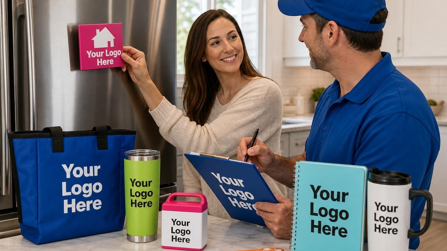 A homeowner placing a custom promotional magnet onto a stainless steel refrigerator door in a bright kitchen.