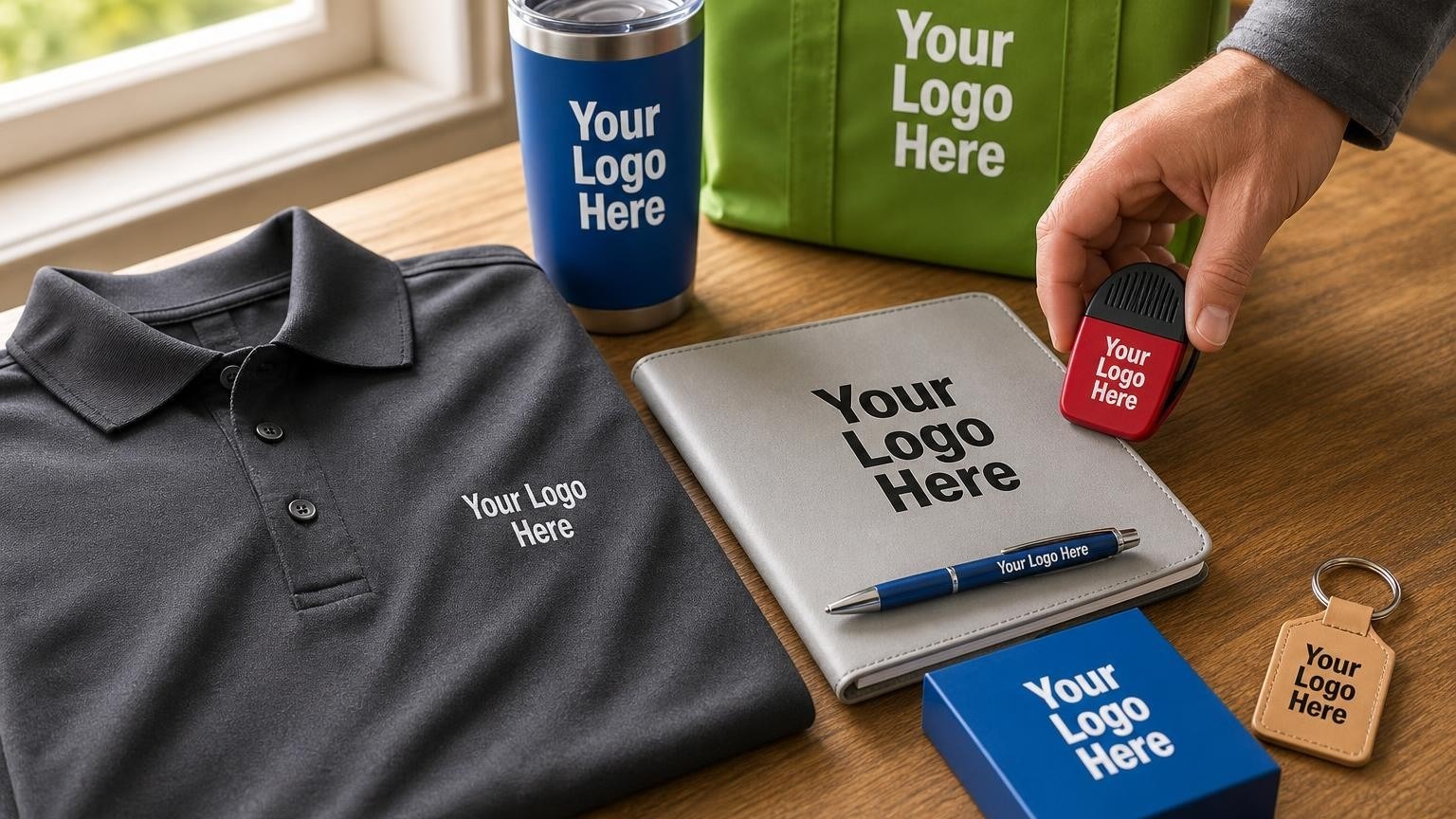 A professional estimator's table with a custom polo shirt, contract folder, and branded magnetic clip.