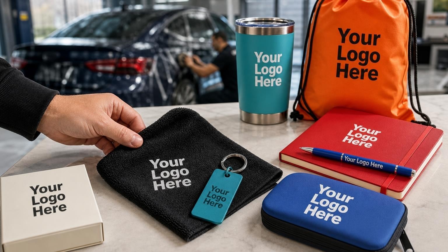 Branded microfiber cloth and custom key tag on a window tint shop counter with a wet installation bay blurred in the background.