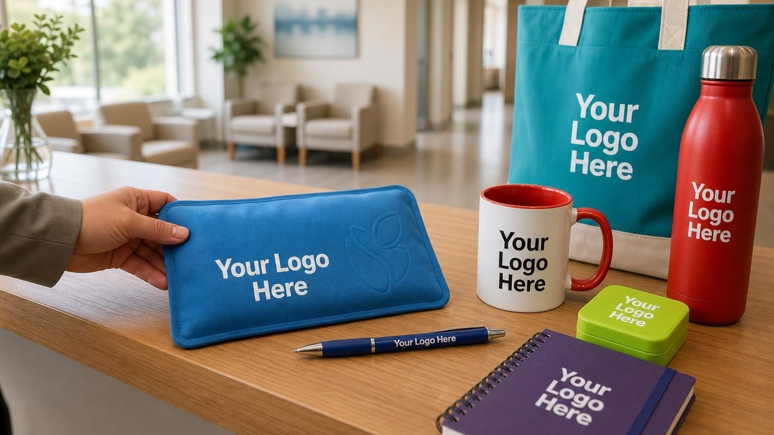 A custom fabric-backed gel pack and pen on a wooden reception desk in a women's health clinic.