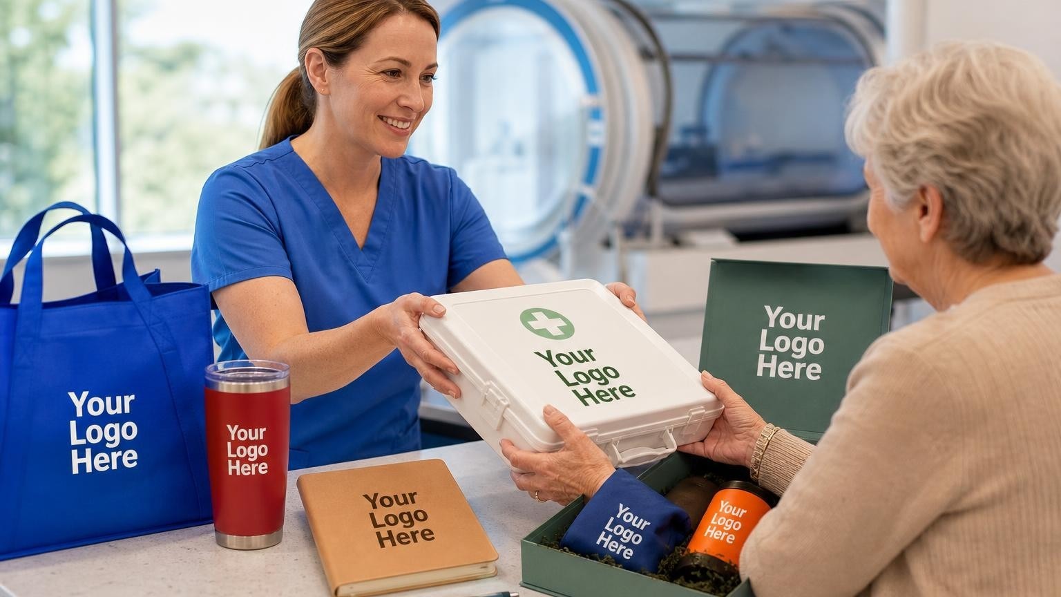 A custom first aid dispenser being handed to a patient at a specialized wound care clinic counter, with a hyperbaric chamber blurred in the background.