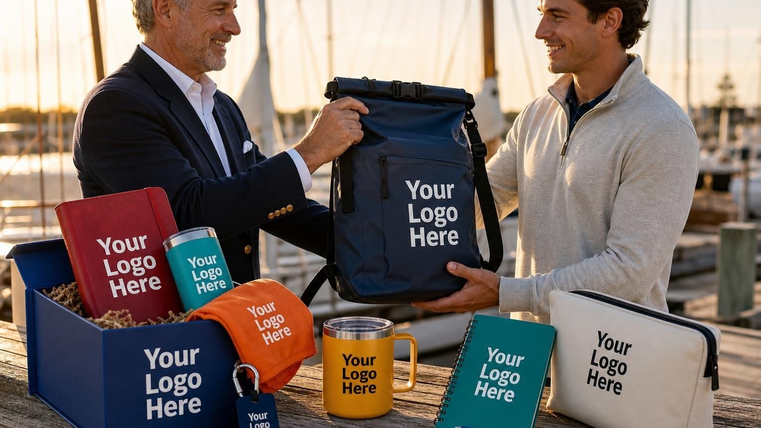A custom navy blue waterproof dry bag being presented to a new yacht club member on a wooden dock with sailboats in the background.