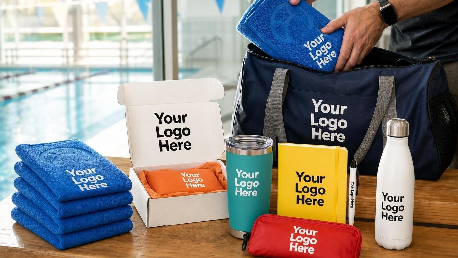 Custom YMCA gym towels neatly stacked on a locker room bench with a swimming pool visible in the background.