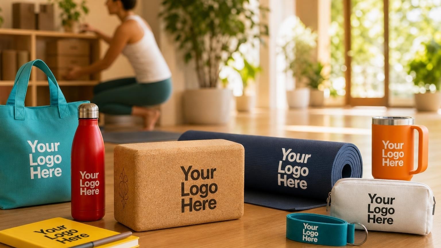 A custom-debossed cork yoga block resting on a hardwood floor in a sunlit yoga studio lobby, with a staff member stacking blocks in the background.
