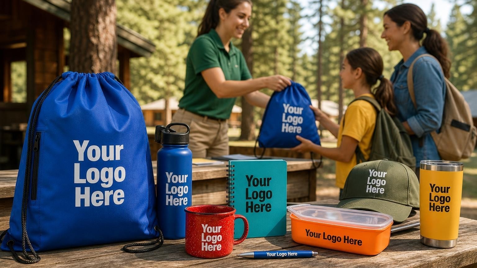 A custom blue drawstring welcome bag and matching water bottle on a wooden table at a rustic outdoor youth camp check-in station.