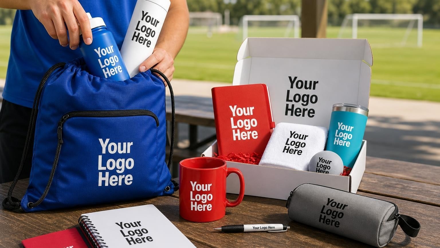A custom royal blue drawstring cinch sack being packed with a schedule and water bottle at an outdoor sports park pavilion.