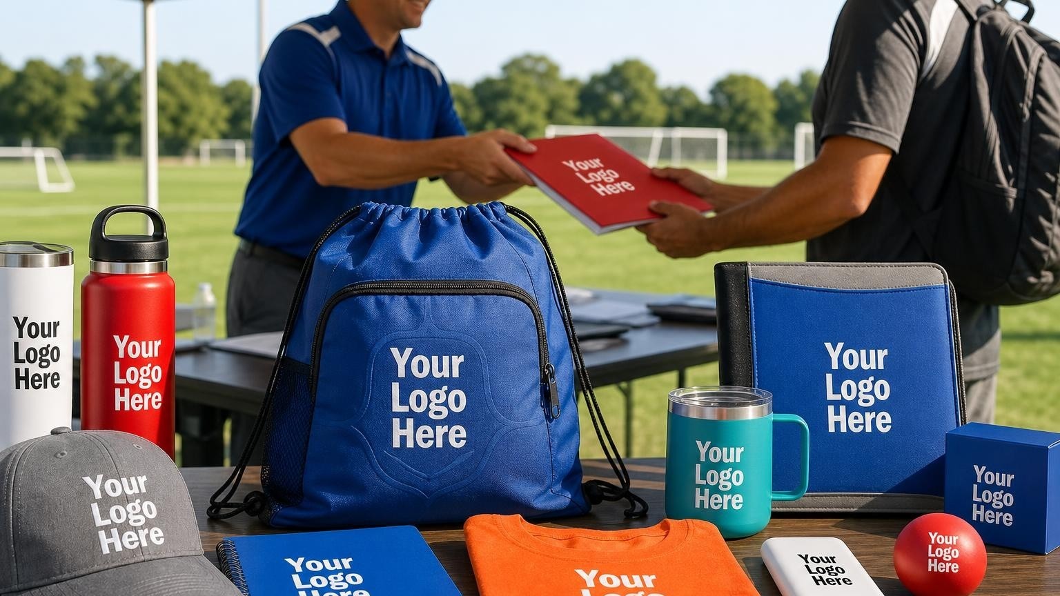 A durable custom cinch pack on a registration table at an outdoor youth sports tournament complex.