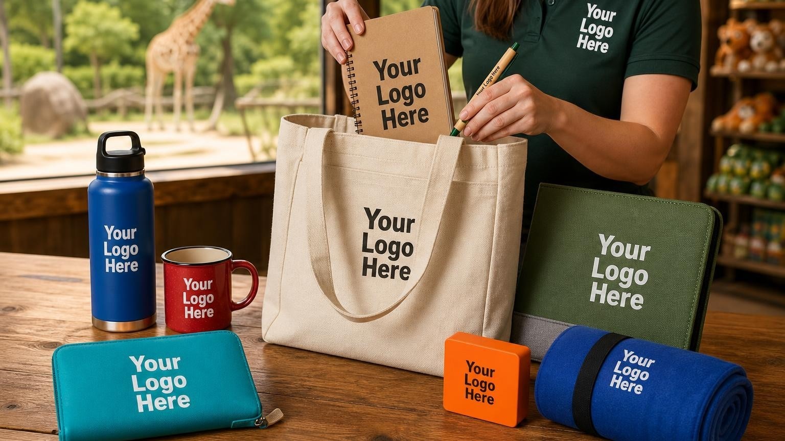 A volunteer coordinator packing a recycled canvas welcome tote bag with a field journal and bamboo pen on a wooden table inside a zoo visitor center, with a giraffe habitat visible through the window.