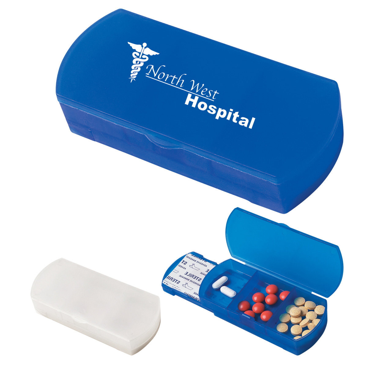 pill box and bandage dispenser with 3 compartments